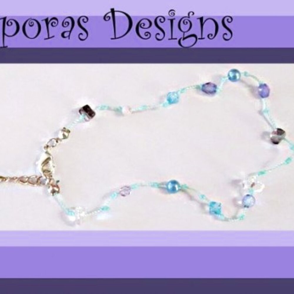 Handmade Anklet With Blue Rope & Purple Blue & Clear Beads For Teens /Women